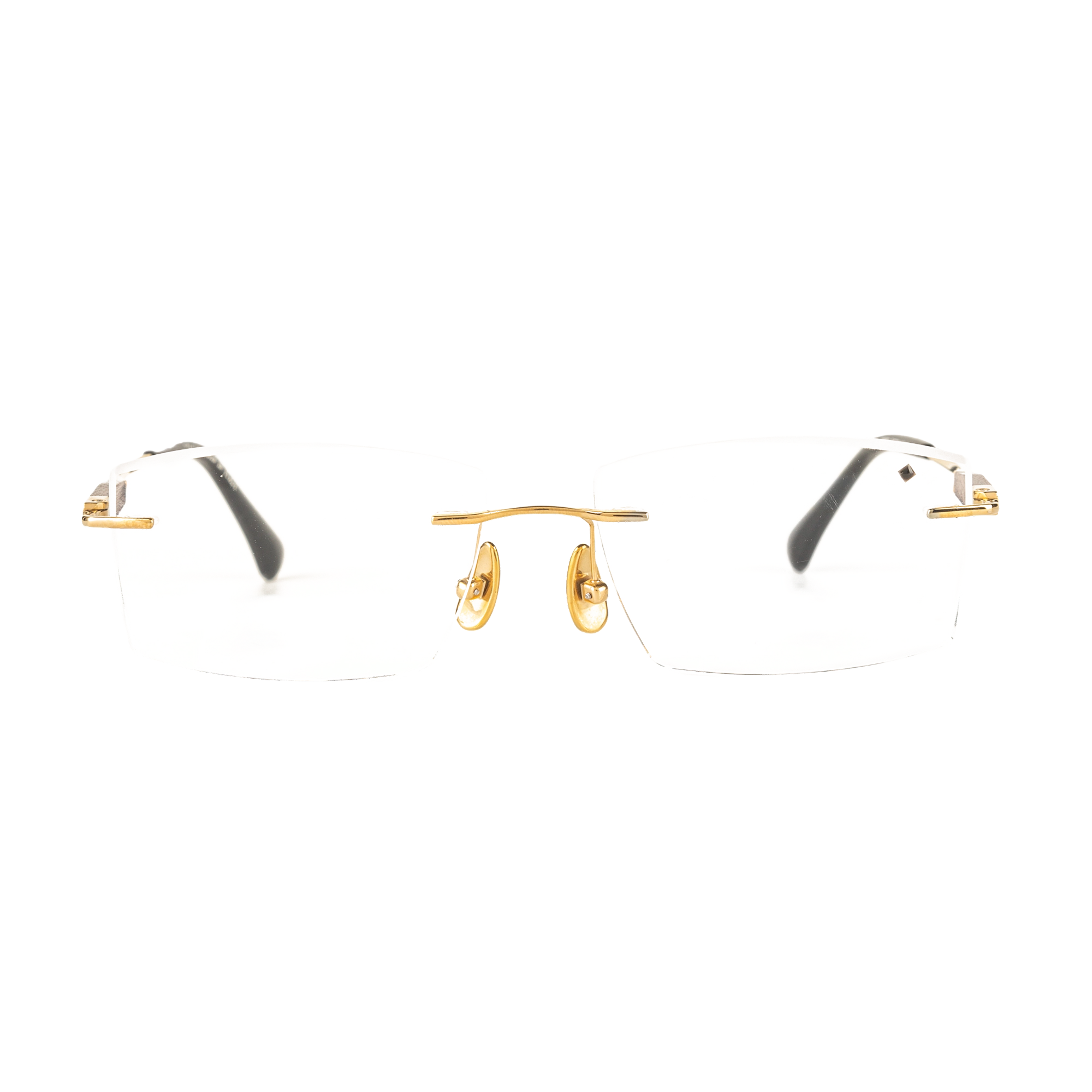 Gold rimless eyeglasses on a white background